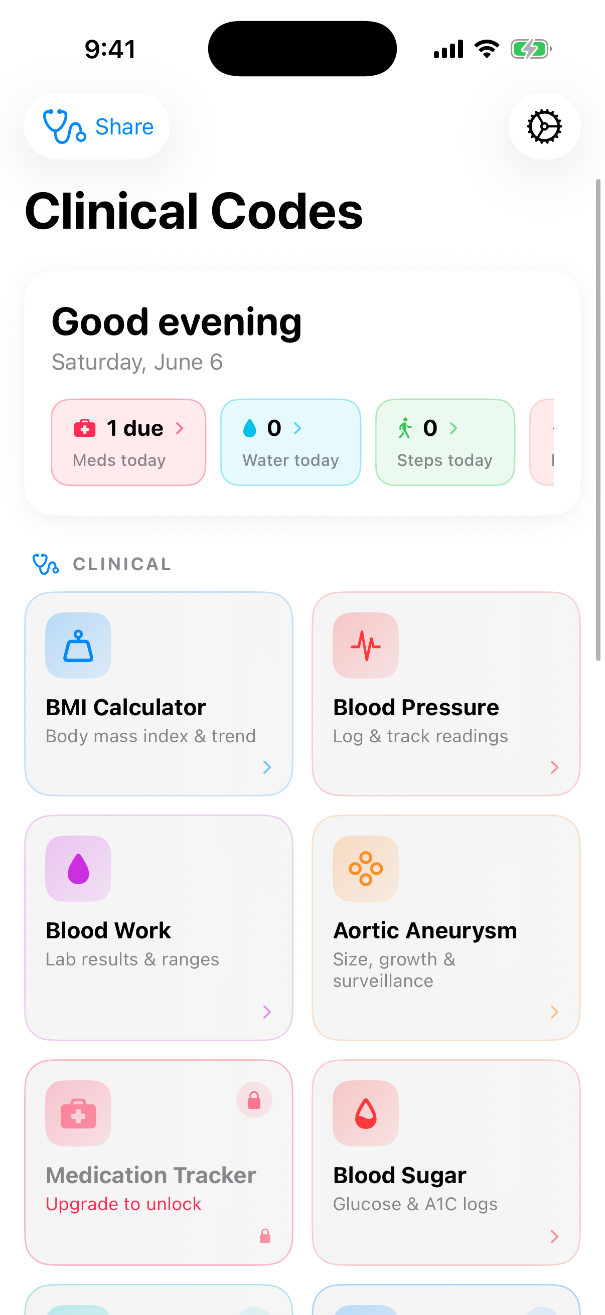 Clinical Codes home dashboard showing health tools organized by category on iPhone